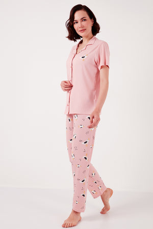 Lela Regular Fit Gömlek Yaka Kısa Kollu Bayan Pijama Takımı 65740102 PEMBE