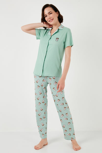 Lela Regular Fit Gömlek Yaka Kısa Kollu Bayan Pijama Takımı 65740102 Mint-Bej