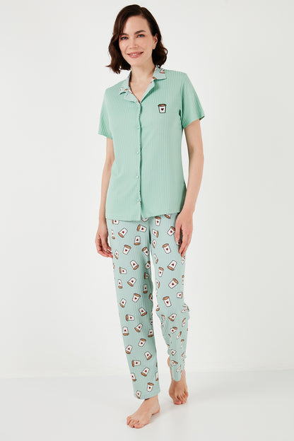 Lela Regular Fit Gömlek Yaka Kısa Kollu Bayan Pijama Takımı 65740102 Mint-Bej