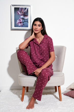 Lela Desenli Regular Fit Gömlek Yaka Bayan Pijama Takımı 65750101 MÜRDÜM