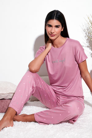 Lela Regular Fit Bisiklet Yaka Kısa Kollu Bayan Pijama Takımı 65750107 PUDRA