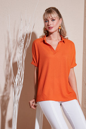 Lela Polo Yaka Kısa Kollu Relaxed Fit Bayan Bluz 66904862S4 ORANJ