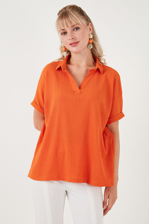 Lela Polo Yaka Kısa Kollu Relaxed Fit Bayan Bluz 66904862S4 ORANJ