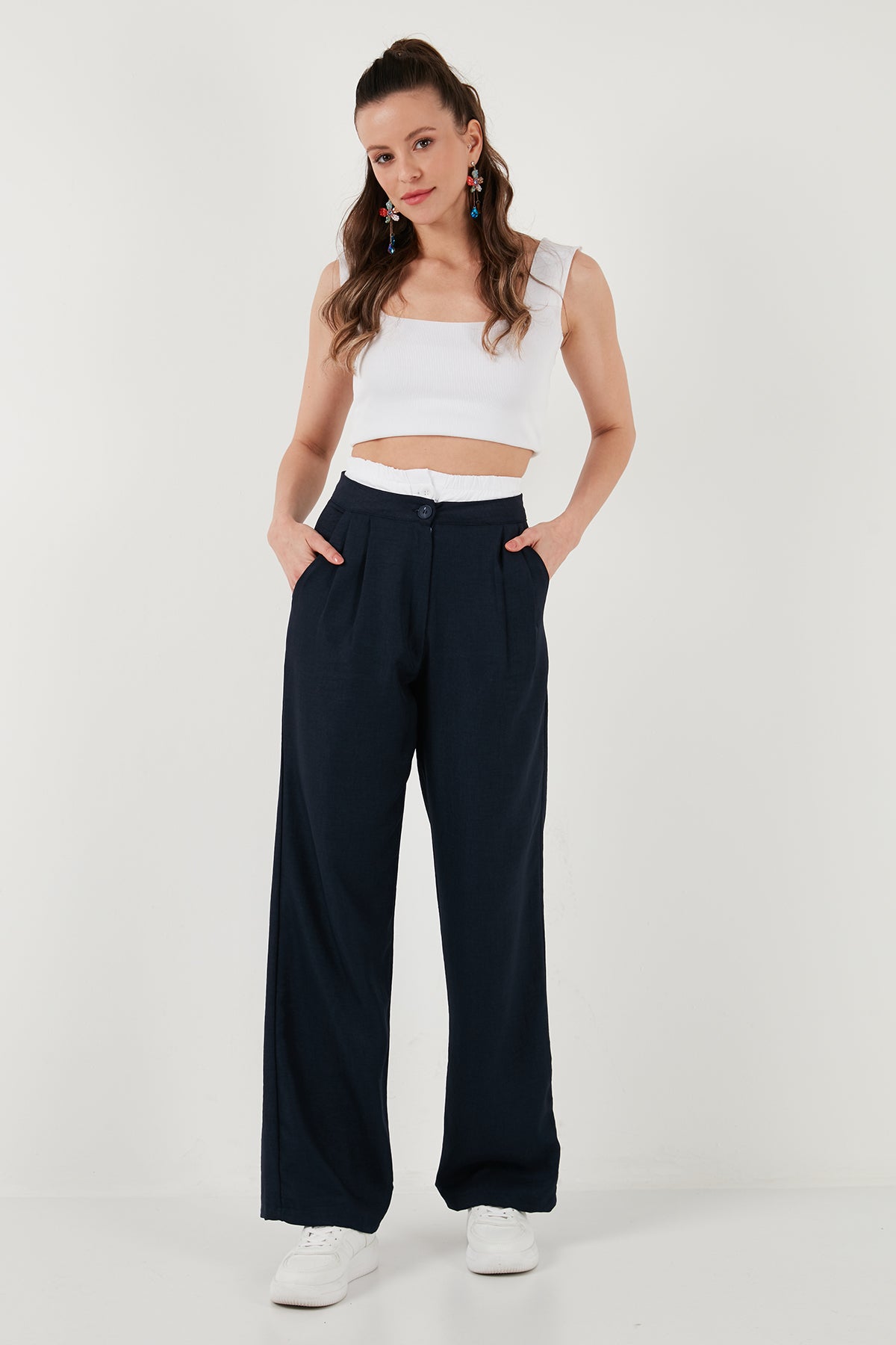 Lela Relaxed Fit Yüksek Bel Bol Paça Bayan Pantolon 673P1012 LACİVERT