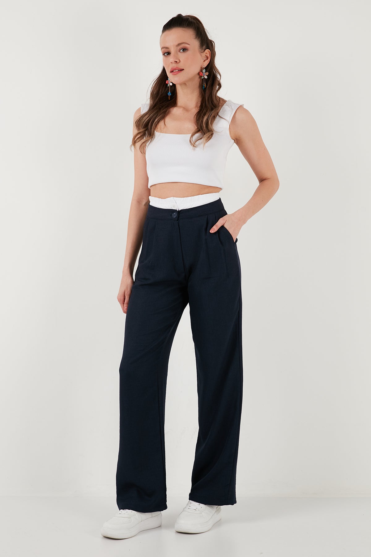 Lela Relaxed Fit Yüksek Bel Bol Paça Bayan Pantolon 673P1012 LACİVERT