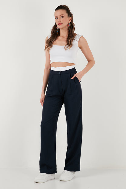 Lela Relaxed Fit Yüksek Bel Bol Paça Bayan Pantolon 673P1012 LACİVERT