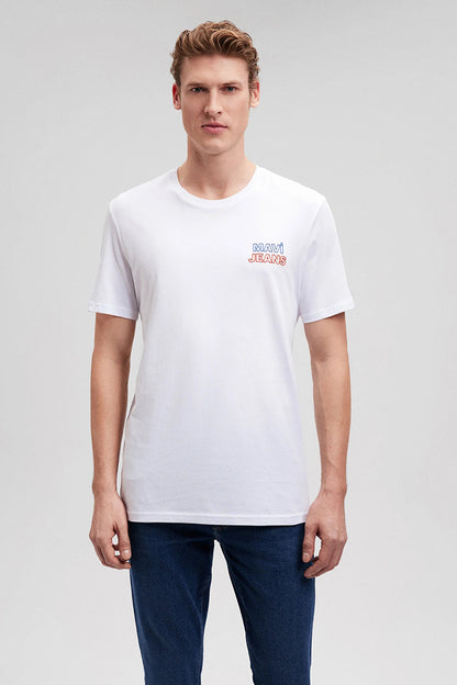 Mavi Baskılı % 100 Pamuk Slim Fit Bisiklet Yaka Erkek T Shirt 066841-620 BEYAZ