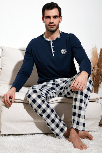 Buratti Kareli Pamuklu Regular Fit Uzun Kollu Erkek Pijama Takımı 60961003 LACİVERT