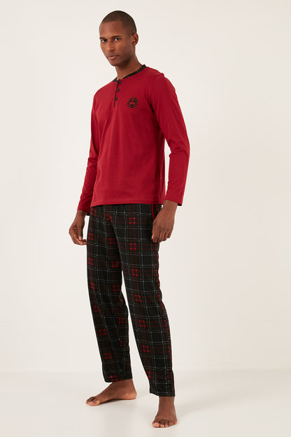 Buratti Kareli Pamuklu Regular Fit Uzun Kollu Erkek Pijama Takımı 60961003 BORDO