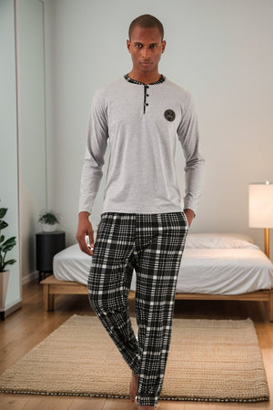 Buratti Ekoseli Pamuklu Regular Fit Uzun Kollu Erkek Pijama Takımı 60961004 GRİ MELANJ