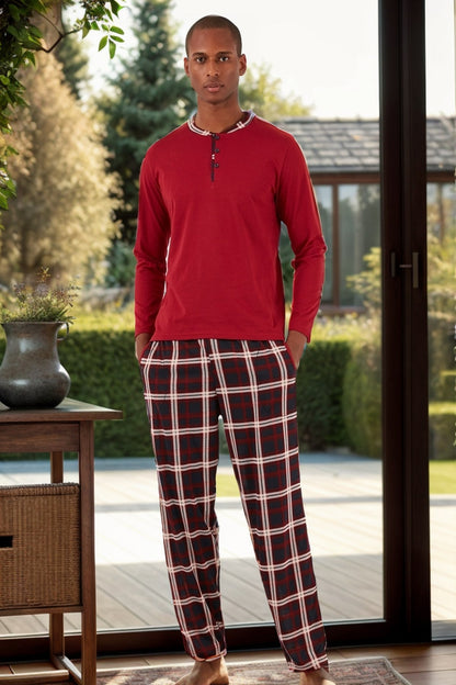 Buratti Ekoseli Pamuklu Regular Fit Uzun Kollu Erkek Pijama Takımı 60961005 BORDO