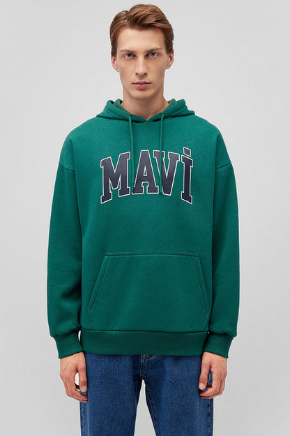 Mavi Logo Baskılı Şardonlu Oversize Fit Kapüşonlu Erkek Sweat 067149-71874 YEŞİL