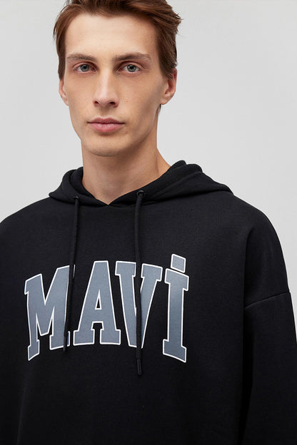 Mavi Logo Baskılı Şardonlu Oversize Fit Kapüşonlu Erkek Sweat 067149-902 SİYAH