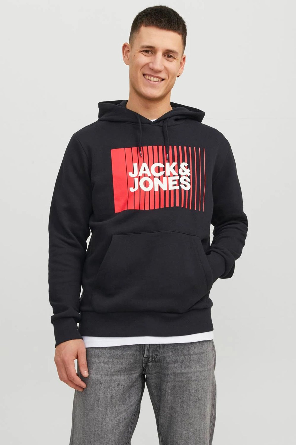 Jack & Jones Essentials Jjecorp Regular Fit Kapüşonlu Erkek Sweat 1223-3599 SİYAH-KIRMIZI