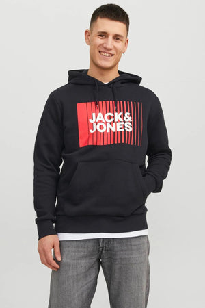 Jack & Jones Essentials Jjecorp Regular Fit Kapüşonlu Erkek Sweat 1223-3599 SİYAH-KIRMIZI