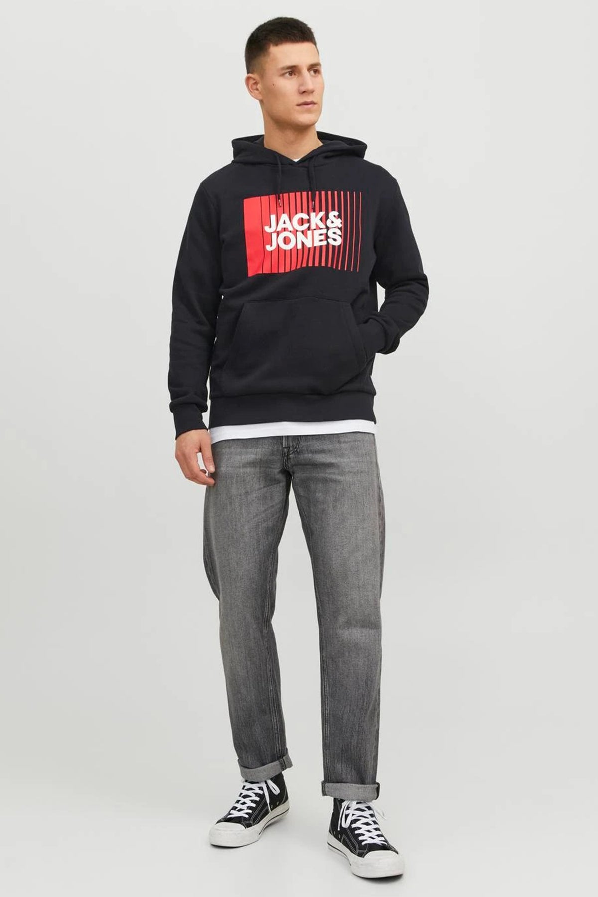 Jack & Jones Essentials Jjecorp Regular Fit Kapüşonlu Erkek Sweat 1223-3599 SİYAH-KIRMIZI