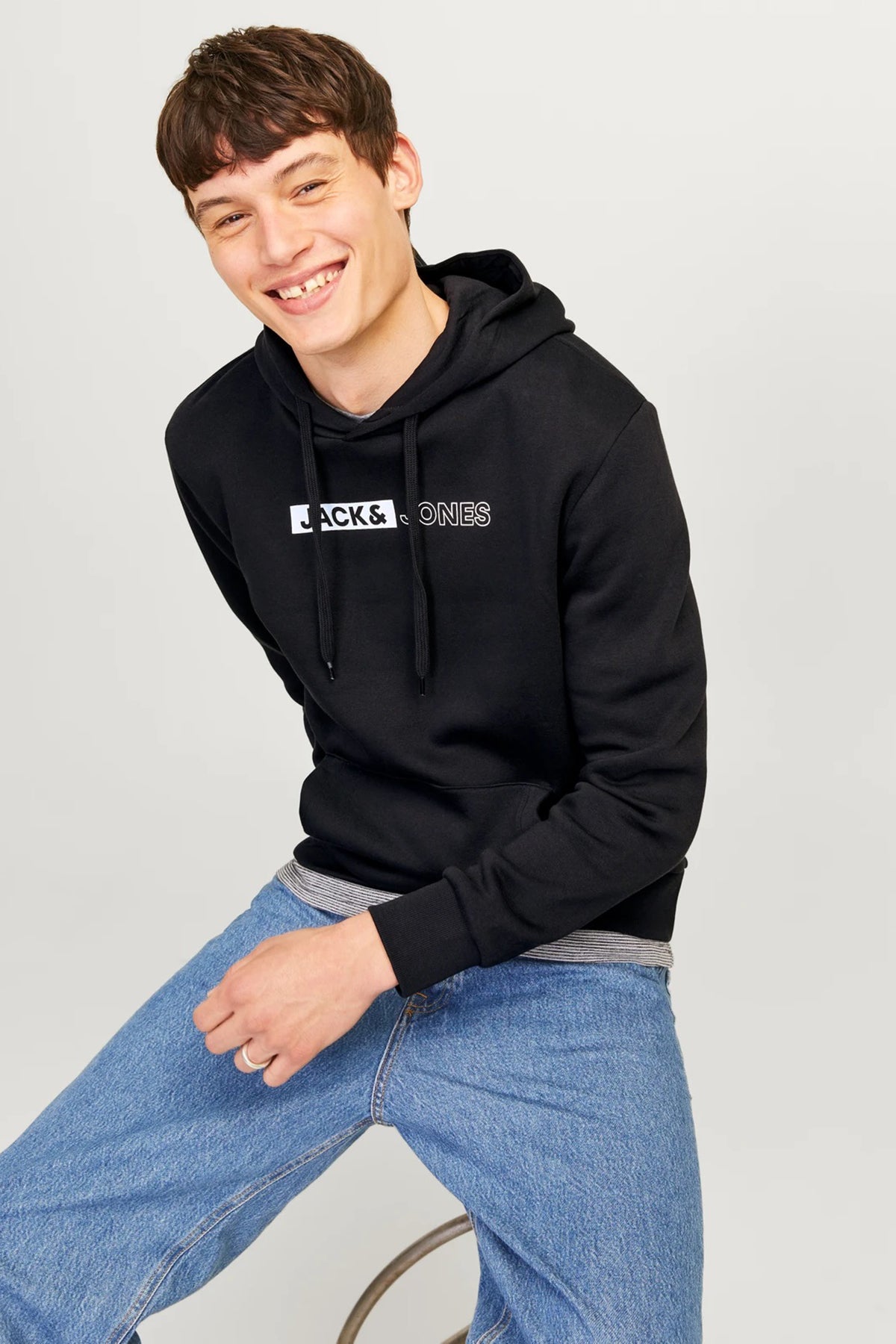 Jack & Jones Essentials Jjecorp Regular Fit Kapüşonlu Erkek Sweat 1223-3599 SİYAH-BEYAZ