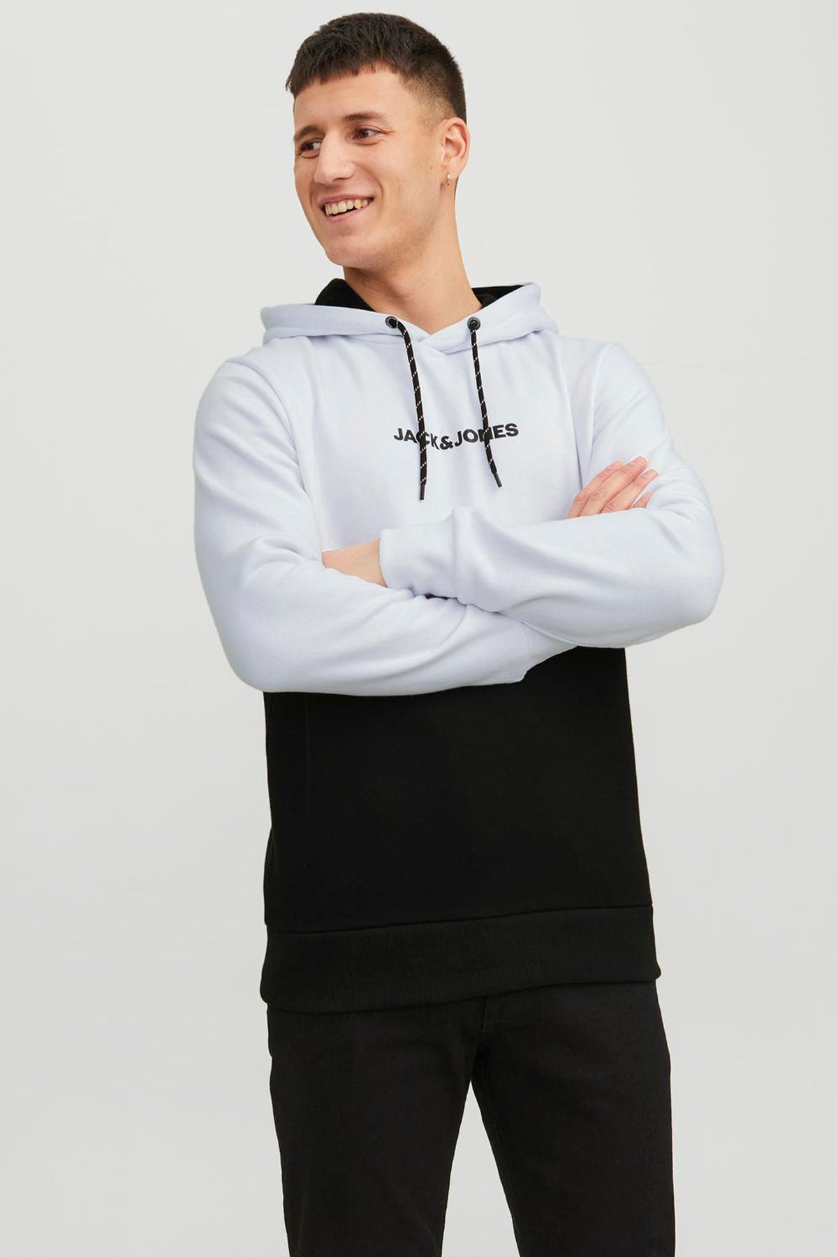 Jack & Jones Essentials Jjereid Renk Bloklu Kapüşonlu Erkek Sweat 12233959 BEYAZ-SİYAH