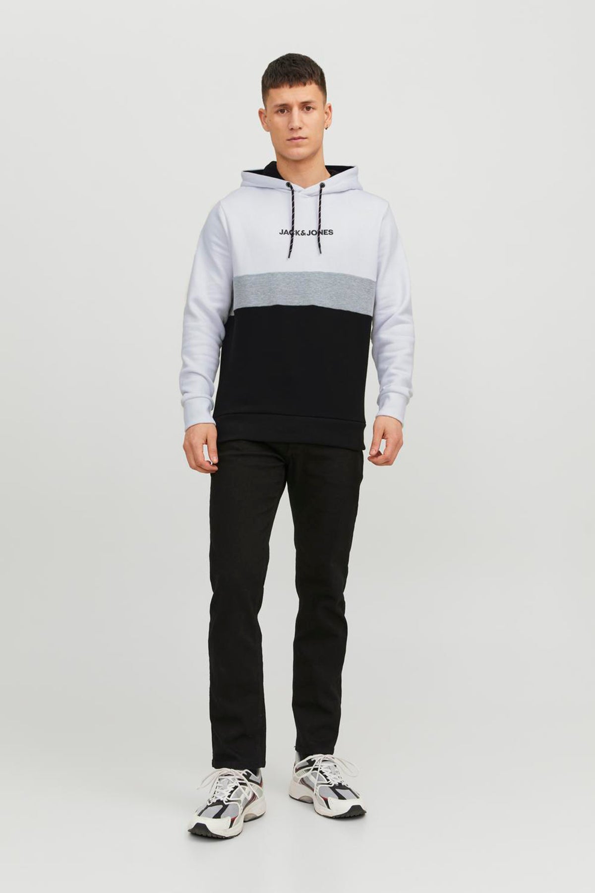 Jack & Jones Essentials Jjereid Renk Bloklu Kapüşonlu Erkek Sweat 12233959 BEYAZ-SİYAH