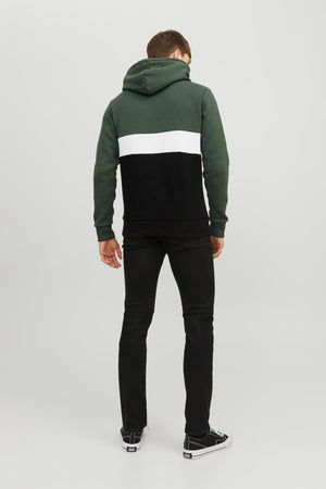 Jack & Jones Essentials Jjereid Renk Bloklu Kapüşonlu Erkek Sweat 12233959 Koyu Yeşil-Siyah