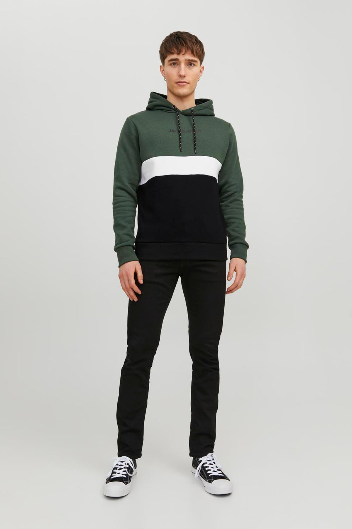 Jack & Jones Essentials Jjereid Renk Bloklu Kapüşonlu Erkek Sweat 12233959 Koyu Yeşil-Siyah