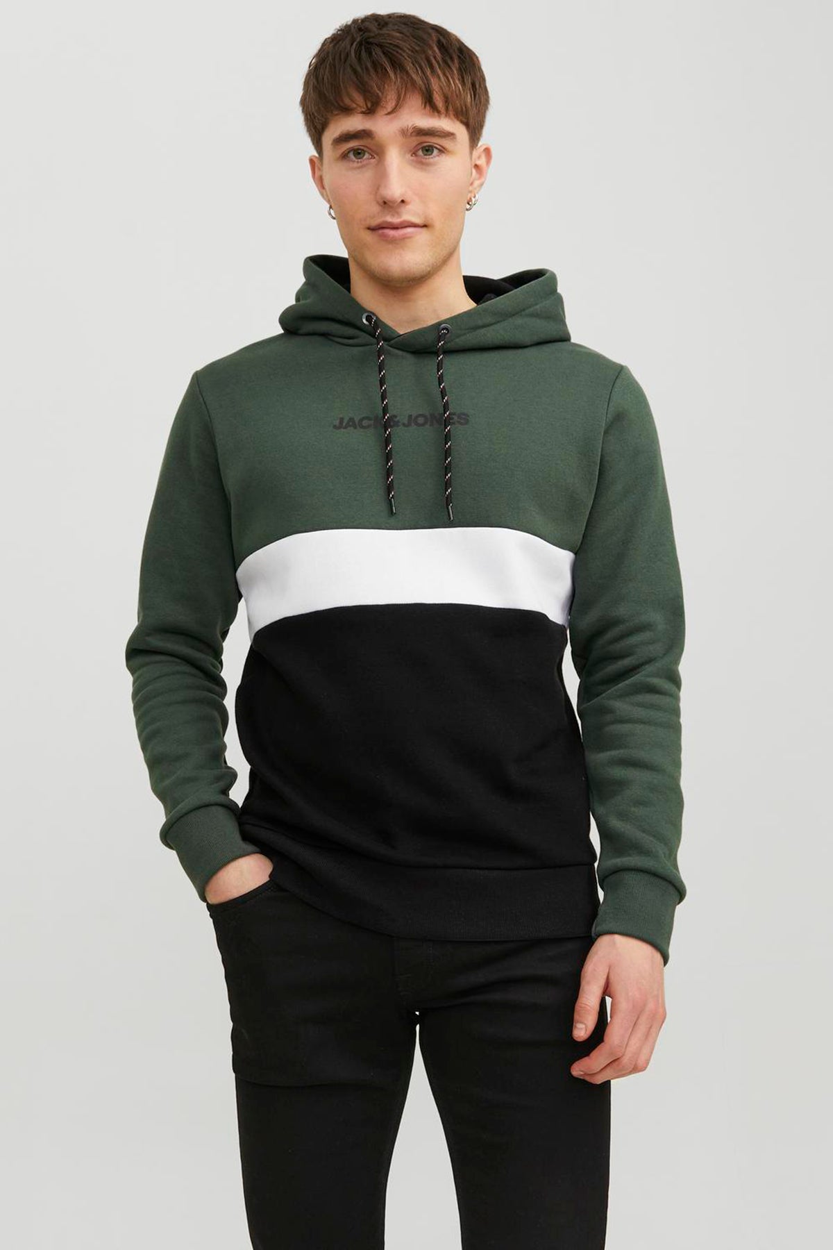 Jack & Jones Essentials Jjereid Renk Bloklu Kapüşonlu Erkek Sweat 12233959 Koyu Yeşil-Siyah