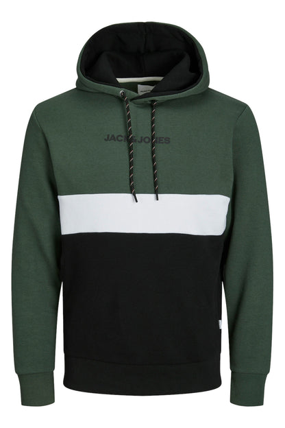 Jack & Jones Essentials Jjereid Renk Bloklu Kapüşonlu Erkek Sweat 12233959 Koyu Yeşil-Siyah