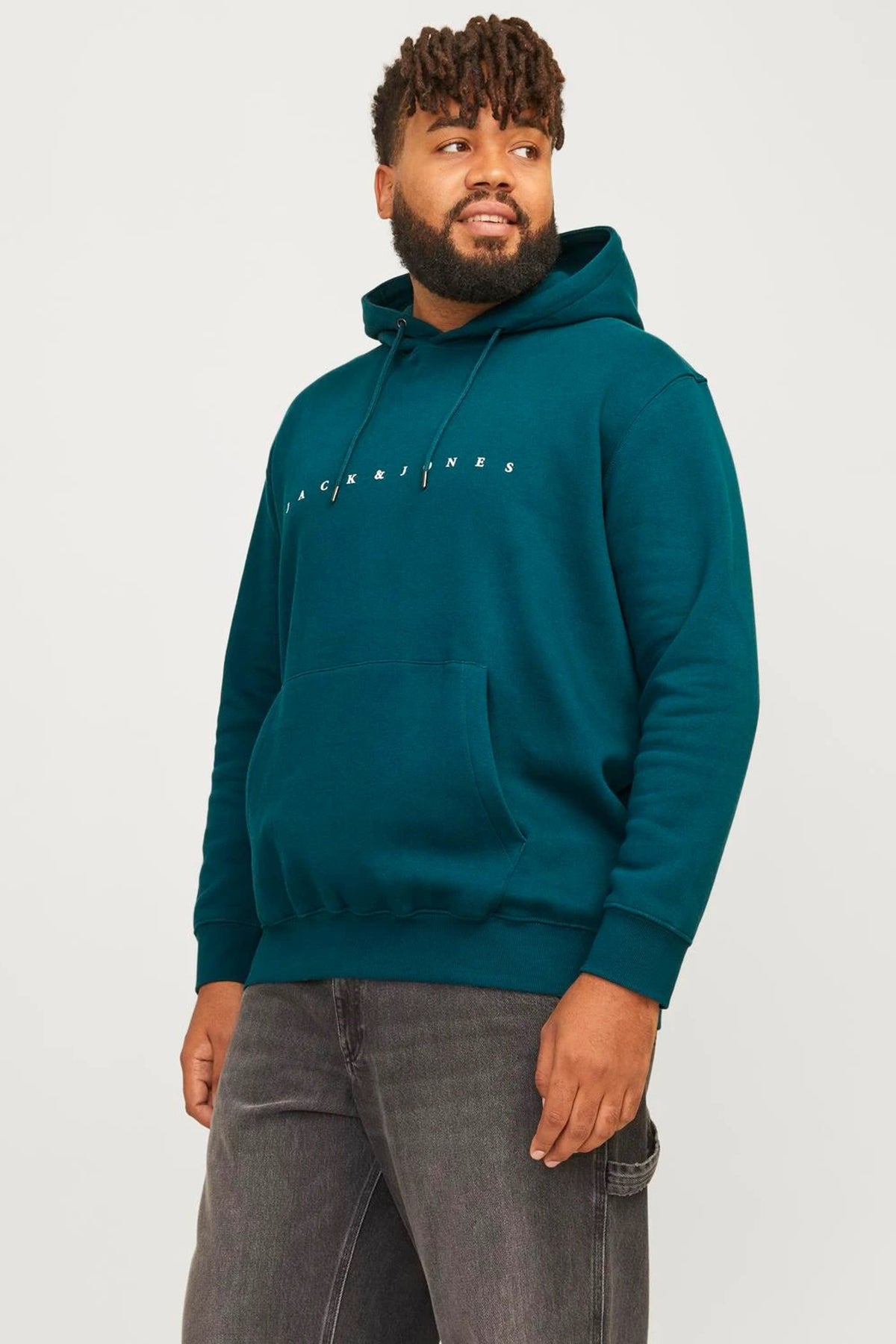 Jack & Jones Plus Jjestar Büyük Beden Pamuklu Kapüşonlu Logolu Cepli Relaxed Fit Erkek Sweat 12243527 KOYU YEŞİL