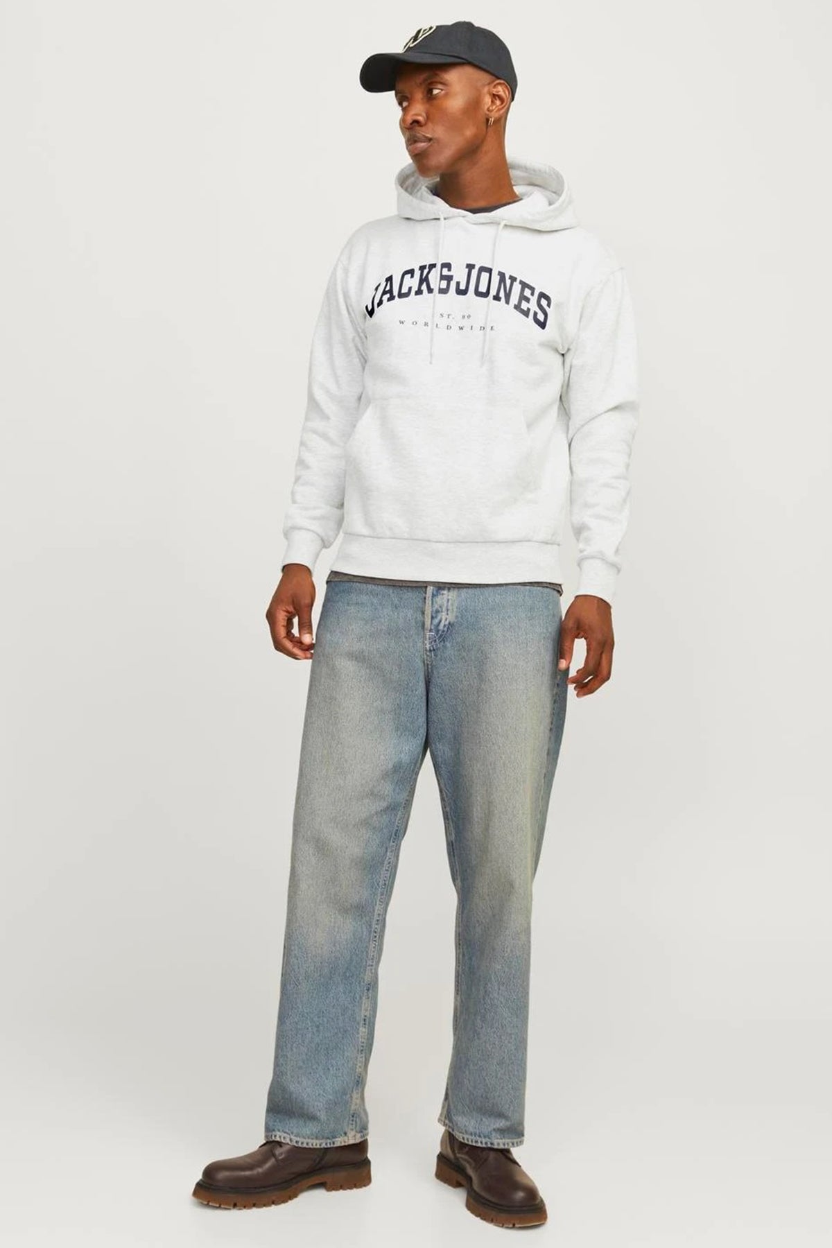 Jack & Jones Essentials Jjecaleb Pamuklu Relaxed Fit Kapüşonlu Erkek Sweat 12256521 AÇIK GRİ