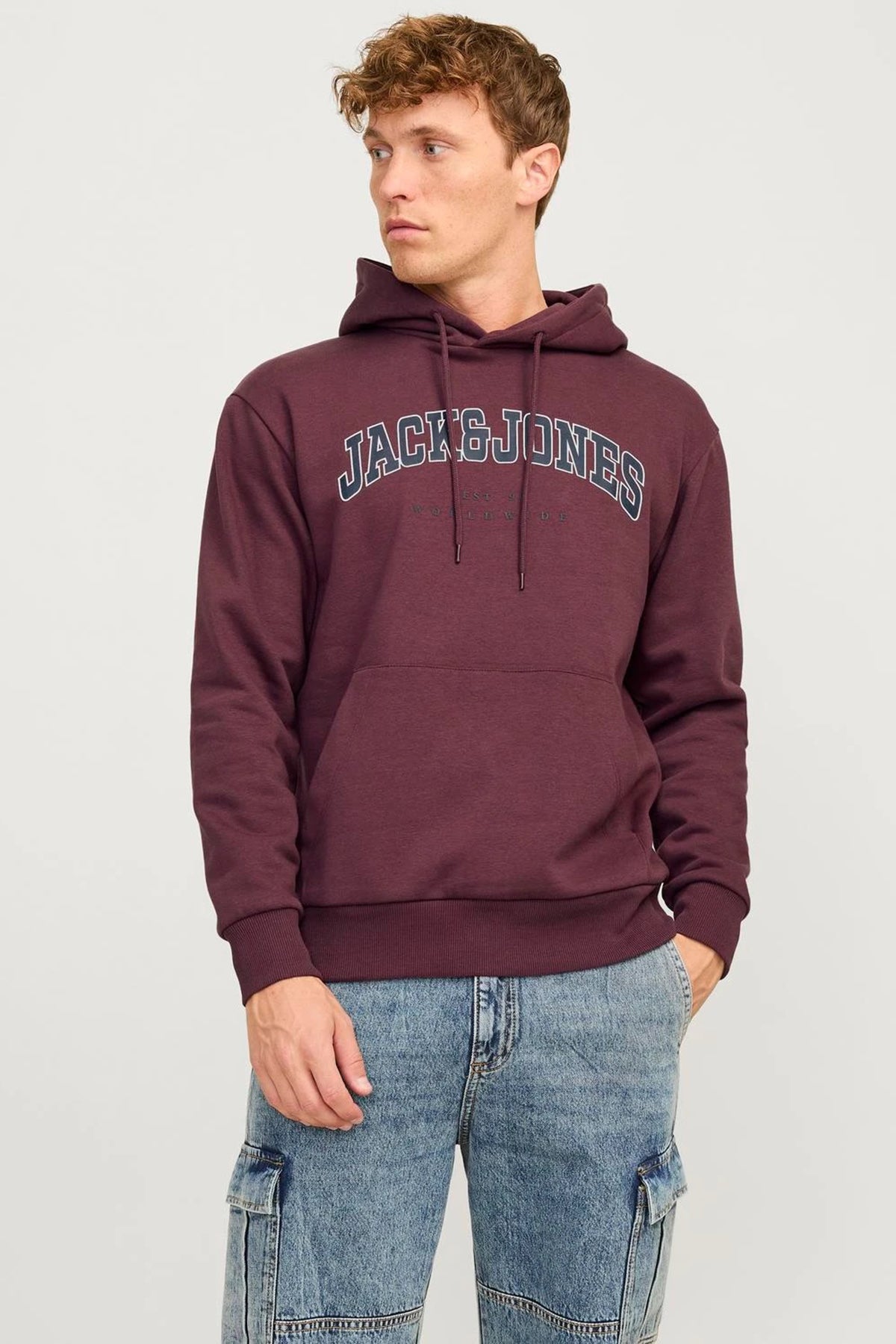 Jack & Jones Essentials Jjecaleb Pamuklu Relaxed Fit Kapüşonlu Erkek Sweat 12256521 BORDO