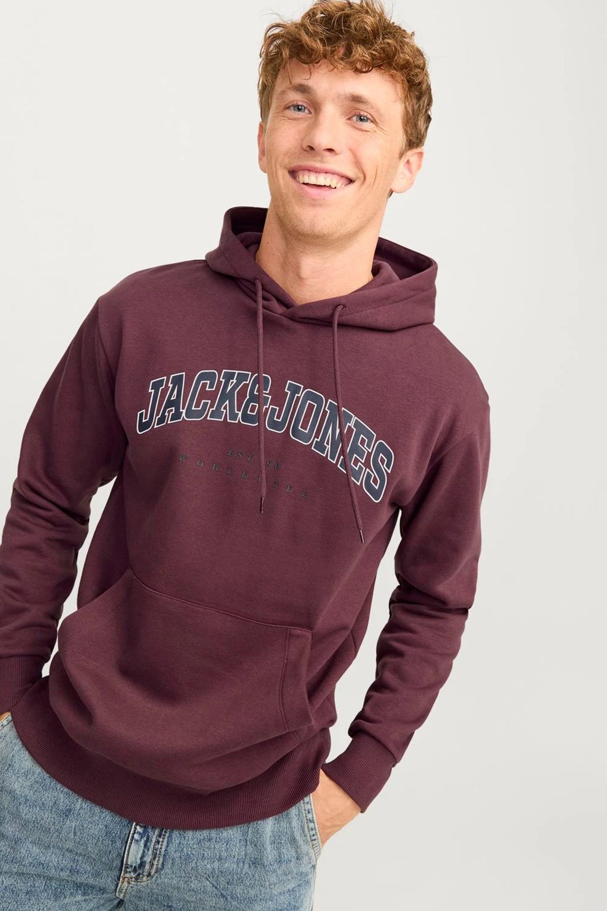 Jack & Jones Essentials Jjecaleb Pamuklu Relaxed Fit Kapüşonlu Erkek Sweat 12256521 BORDO