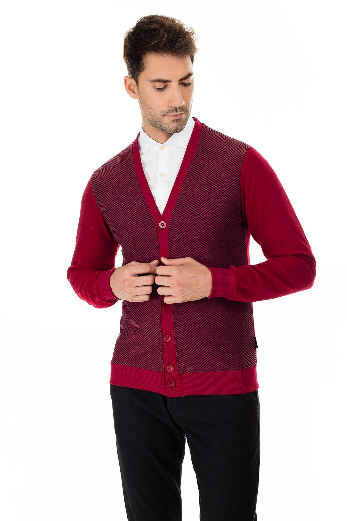 Buratti Slim Fit V Yaka Erkek Hırka 456405 BORDO