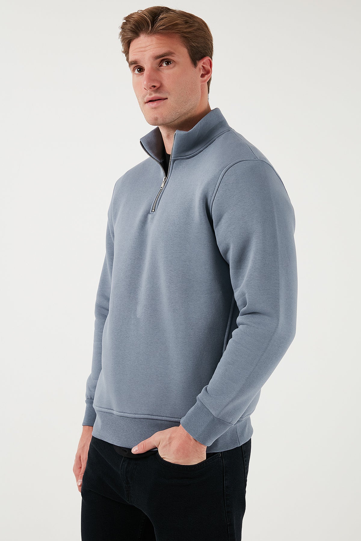 Buratti Pamuklu Regular Fit Yarım Fermuarlı Dik Yaka Erkek Sweat 59052592 KOYU GRİ