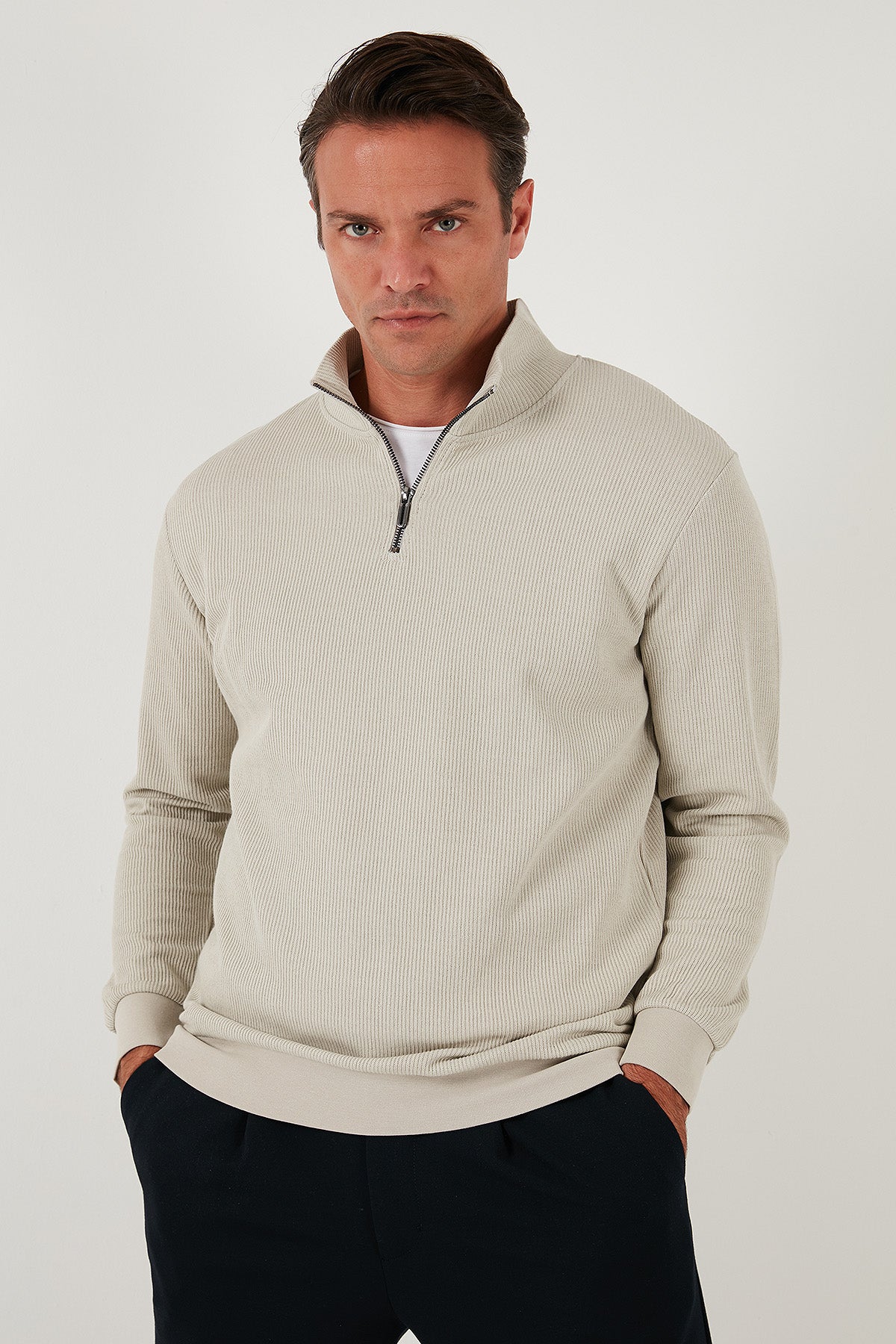 Buratti Pamuklu Regular Fit Yarım Fermuarlı Dik Yaka Erkek Sweat 5905716 TAŞ