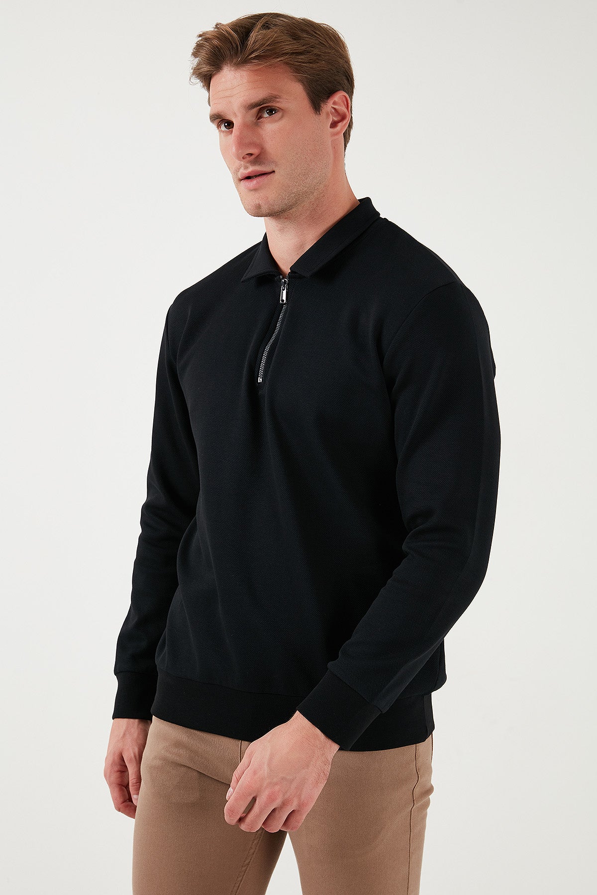 Buratti Pamuklu Regular Fit Yarım Fermuarlı Polo Yaka Erkek Sweat 5905789 SİYAH