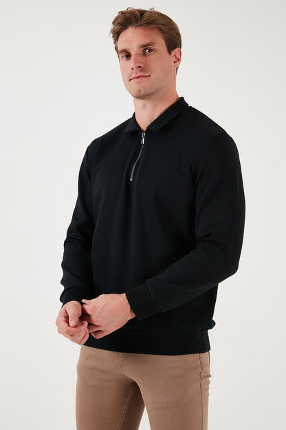 Buratti Pamuklu Regular Fit Yarım Fermuarlı Polo Yaka Erkek Sweat 5905789 SİYAH