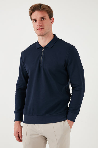 Buratti Pamuklu Regular Fit Yarım Fermuarlı Polo Yaka Erkek Sweat 5905789 İNDİGO