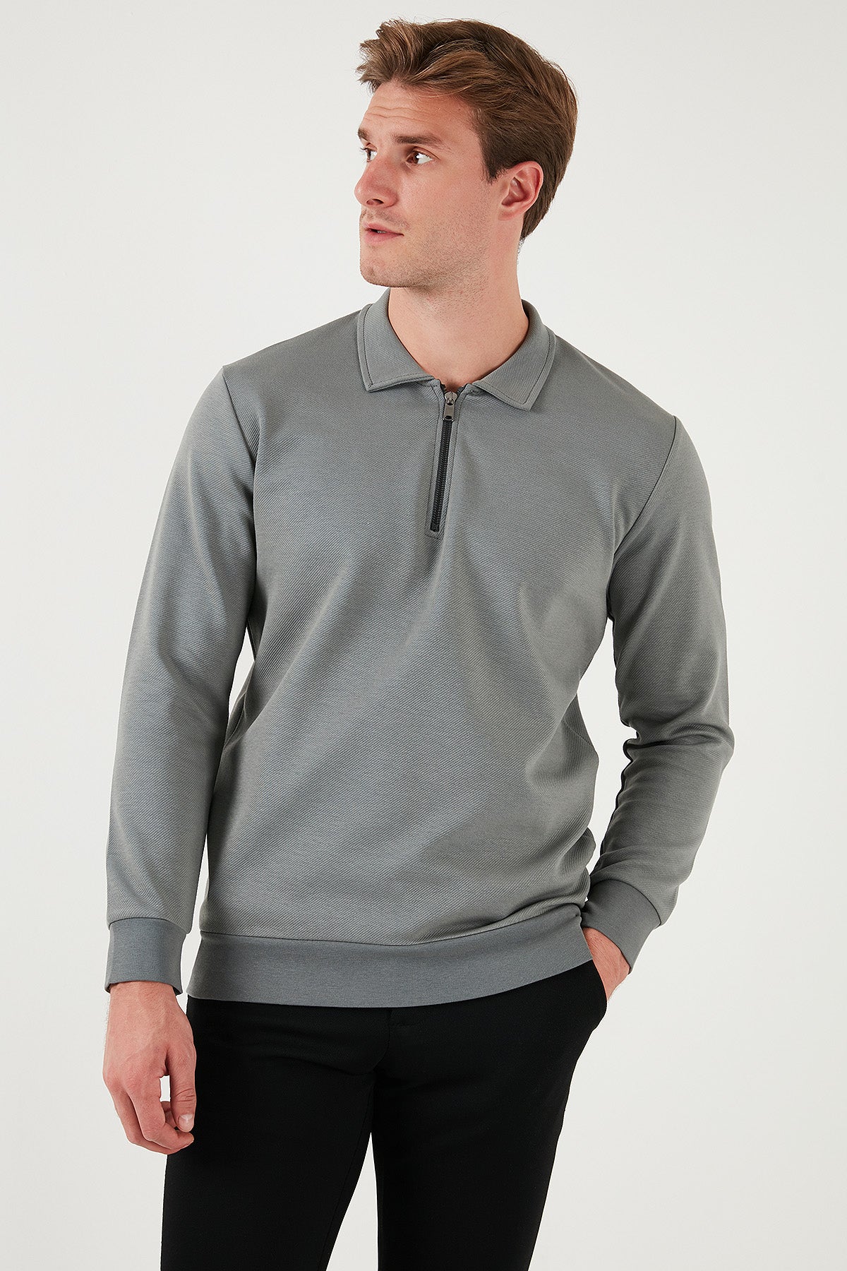 Buratti Pamuklu Regular Fit Yarım Fermuarlı Polo Yaka Erkek Sweat 5905789 AÇIK HAKİ