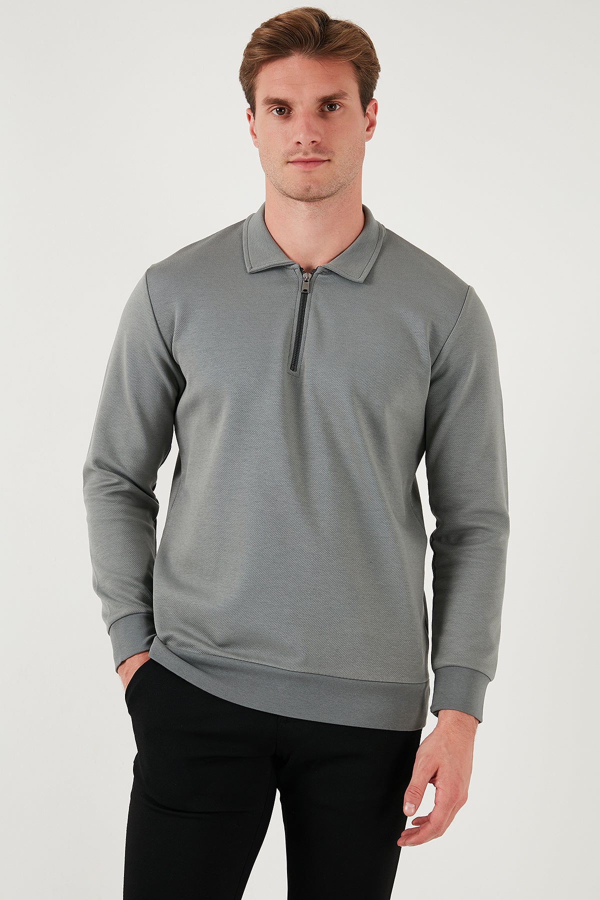 Buratti Pamuklu Regular Fit Yarım Fermuarlı Polo Yaka Erkek Sweat 5905789 AÇIK HAKİ