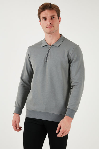 Buratti Pamuklu Regular Fit Yarım Fermuarlı Polo Yaka Erkek Sweat 5905789 AÇIK HAKİ