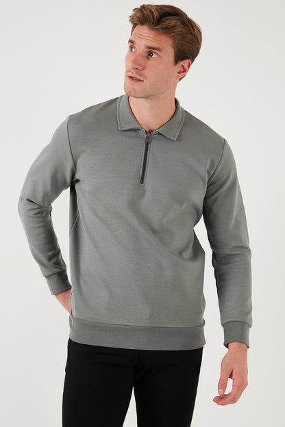 Buratti Pamuklu Regular Fit Yarım Fermuarlı Polo Yaka Erkek Sweat 5905789 AÇIK HAKİ