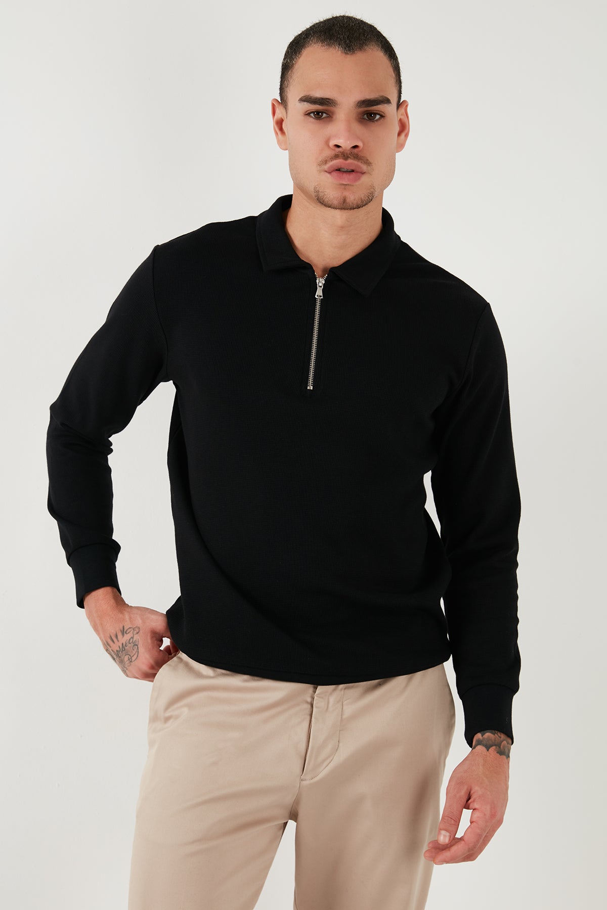 Buratti Pamuklu Regular Fit Yarım Fermuarlı Polo Yaka Erkek Sweat 5905805 SİYAH