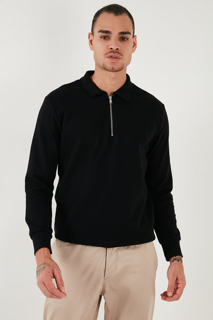 Buratti Pamuklu Regular Fit Yarım Fermuarlı Polo Yaka Erkek Sweat 5905805 SİYAH