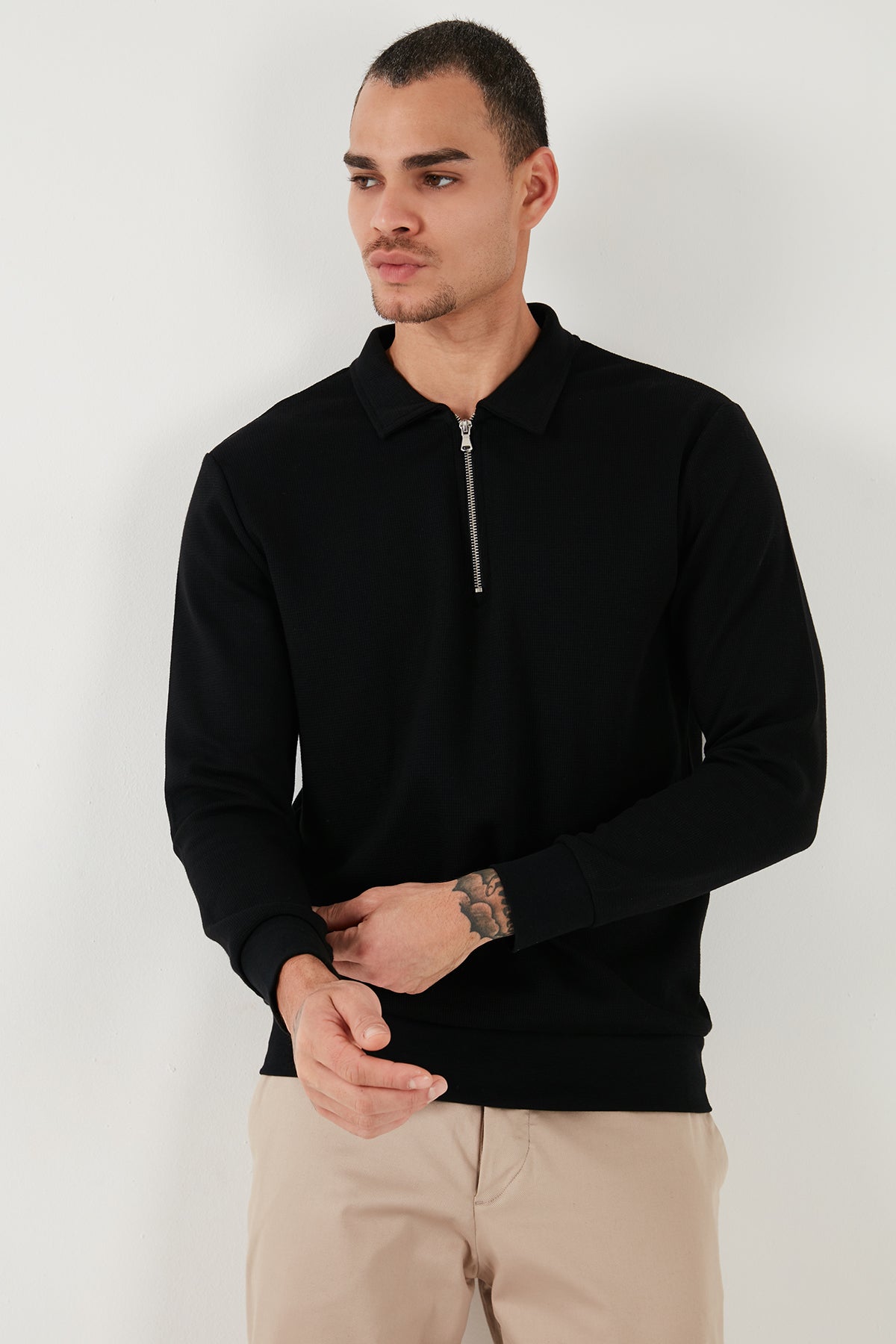 Buratti Pamuklu Regular Fit Yarım Fermuarlı Polo Yaka Erkek Sweat 5905805 SİYAH