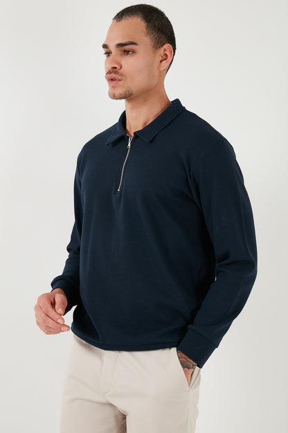 Buratti Pamuklu Regular Fit Yarım Fermuarlı Polo Yaka Erkek Sweat 5905805 İNDİGO