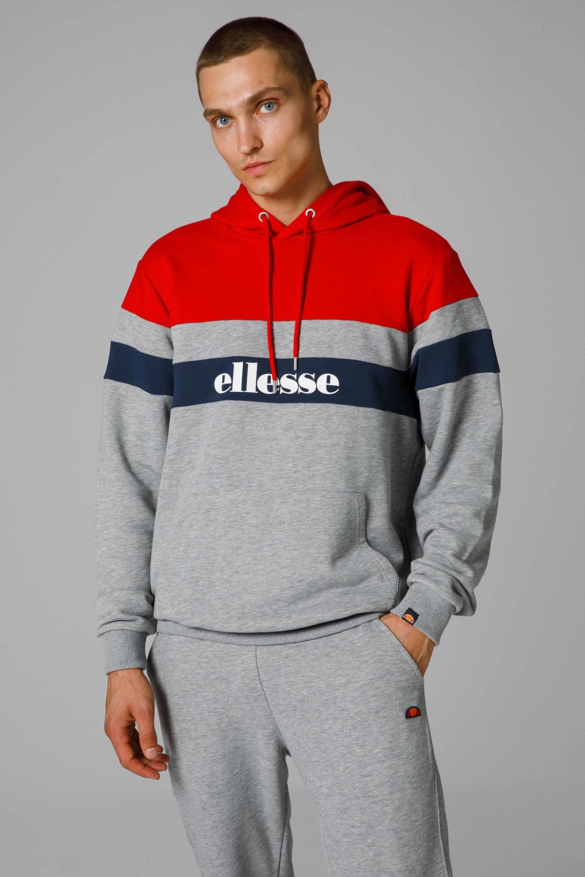 Ellesse Renk Bloklu Pamuklu Regular Fit Kapüşonlu Erkek Sweat EM272-GR GRİ MELANJ