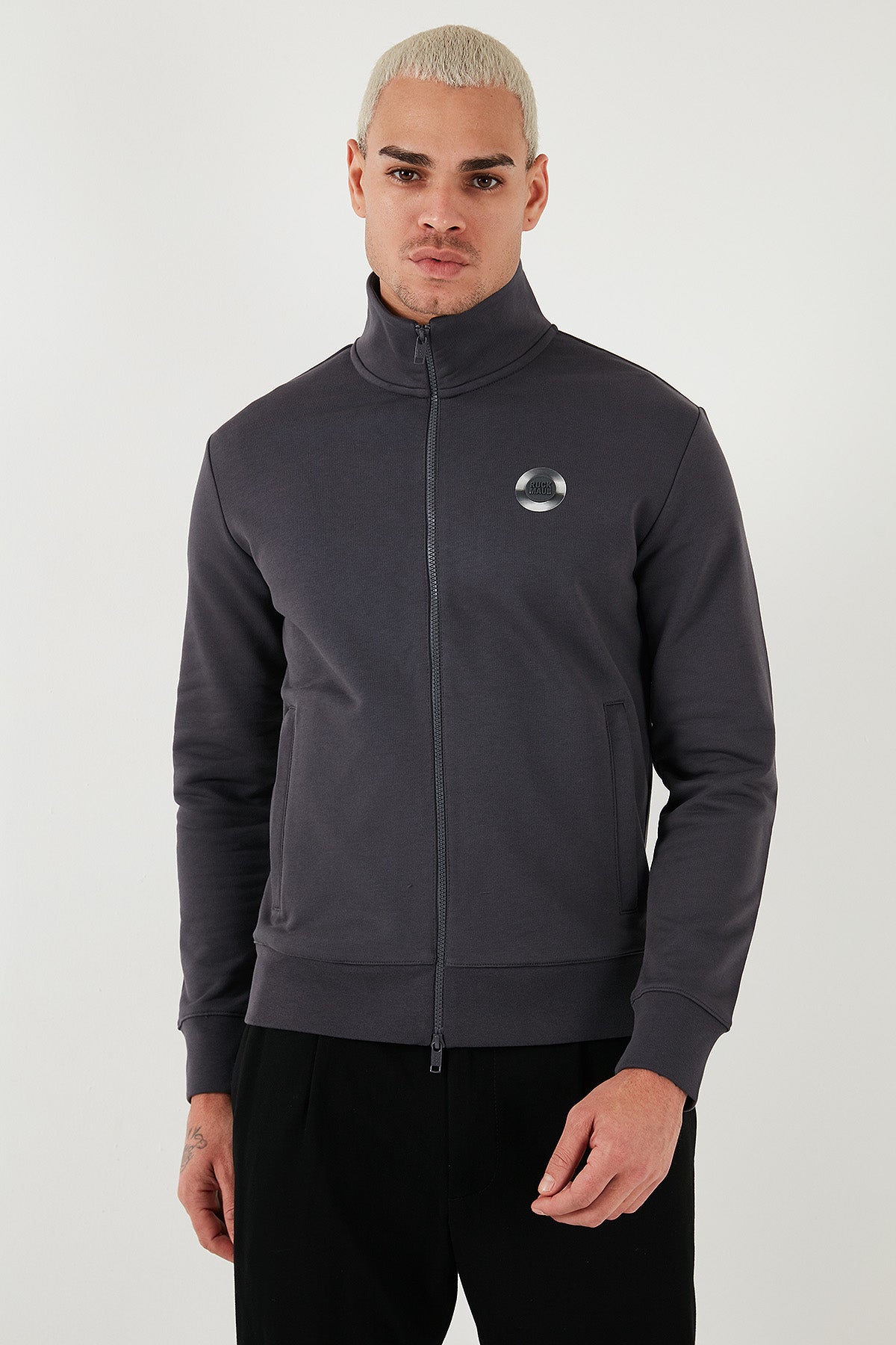 Ruck & Maul % 100 Pamuk Regular Fit Fermuarlı Dik Yaka Erkek Sweat RMM541300005 23307 FÜME