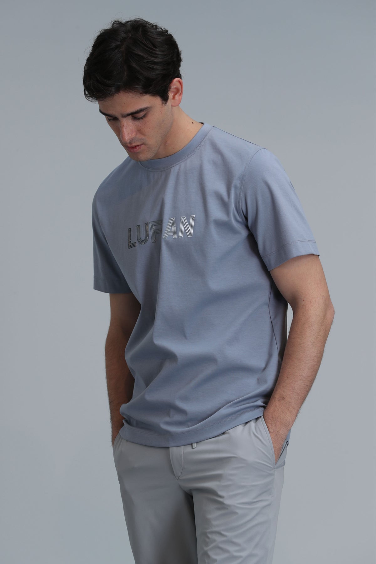 Lufian Benjamin Logolu Pamuk Karışımlı Bisiklet Yaka Regular Fit Erkek T Shirt 111020197 MAVİ