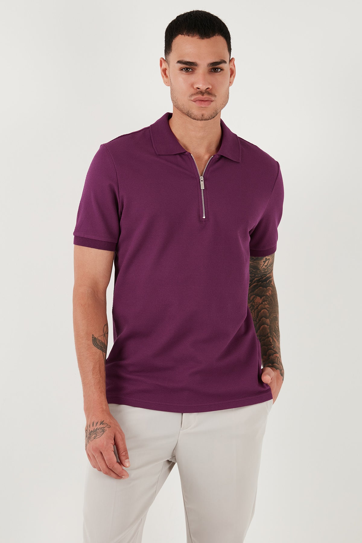 Buratti Pamuklu Regular Fit Fermuarlı Erkek Polo Yaka T Shirt 5902915 MÜRDÜM