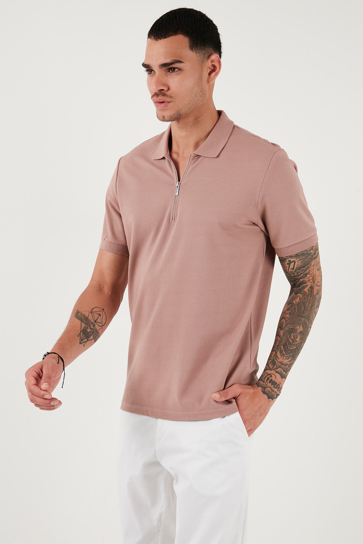 Buratti Pamuklu Regular Fit Fermuarlı Erkek Polo Yaka T Shirt 5902915 PUDRA